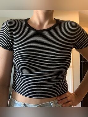*2 for $20* ZARA Trafaluc White & Black Striped Short Sleeve Crop Top